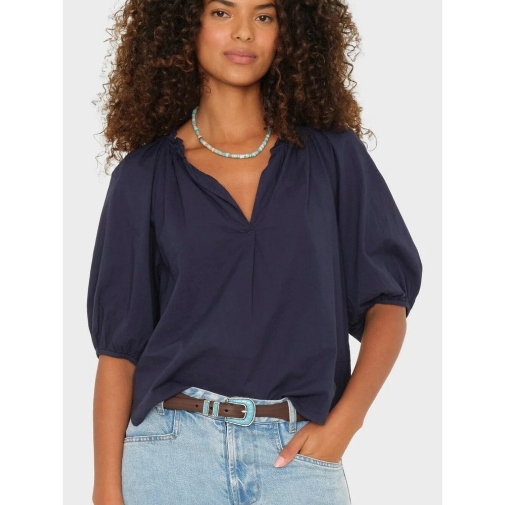 Xirena Jules Navy Blue Cotton Puff Sleeve Oversized Blouse Top SZ Small Coastal